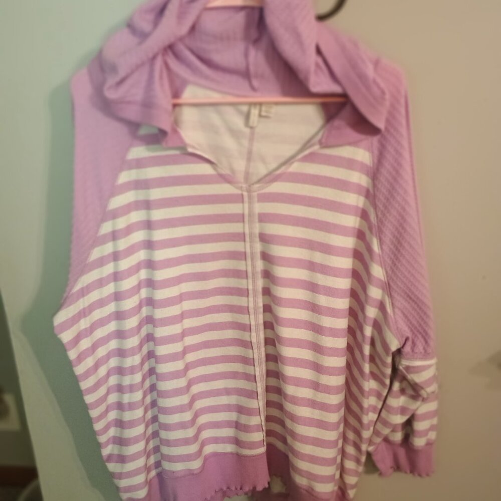 Cato pullover with hood, waffle sleeve soft purple and white striped pullover
